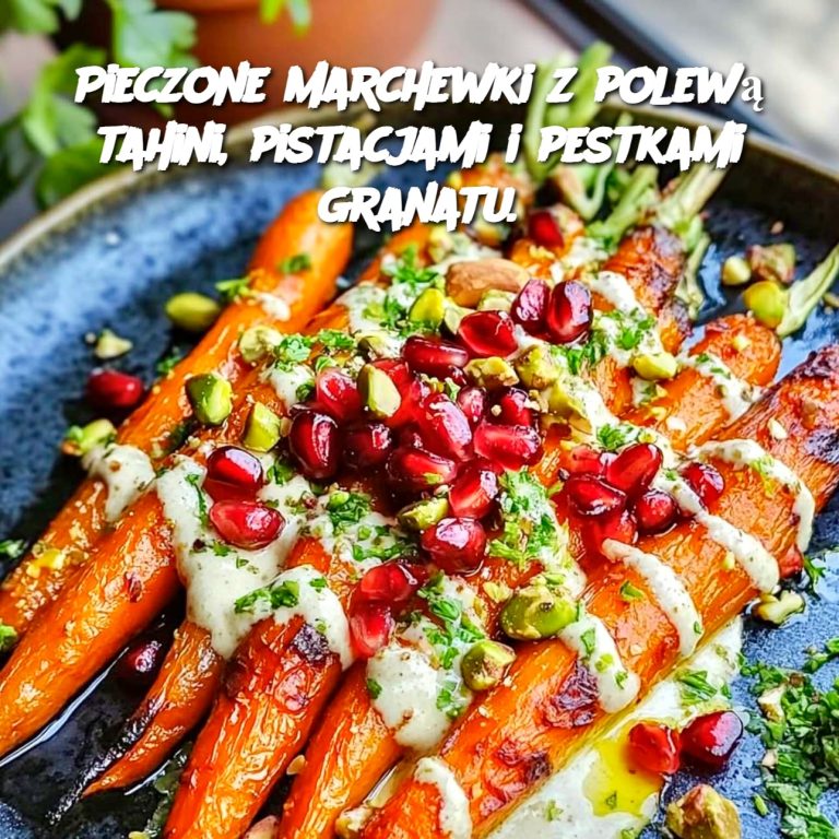 Pieczone marchewki z polewą tahini, pistacjami i pestkami granatu