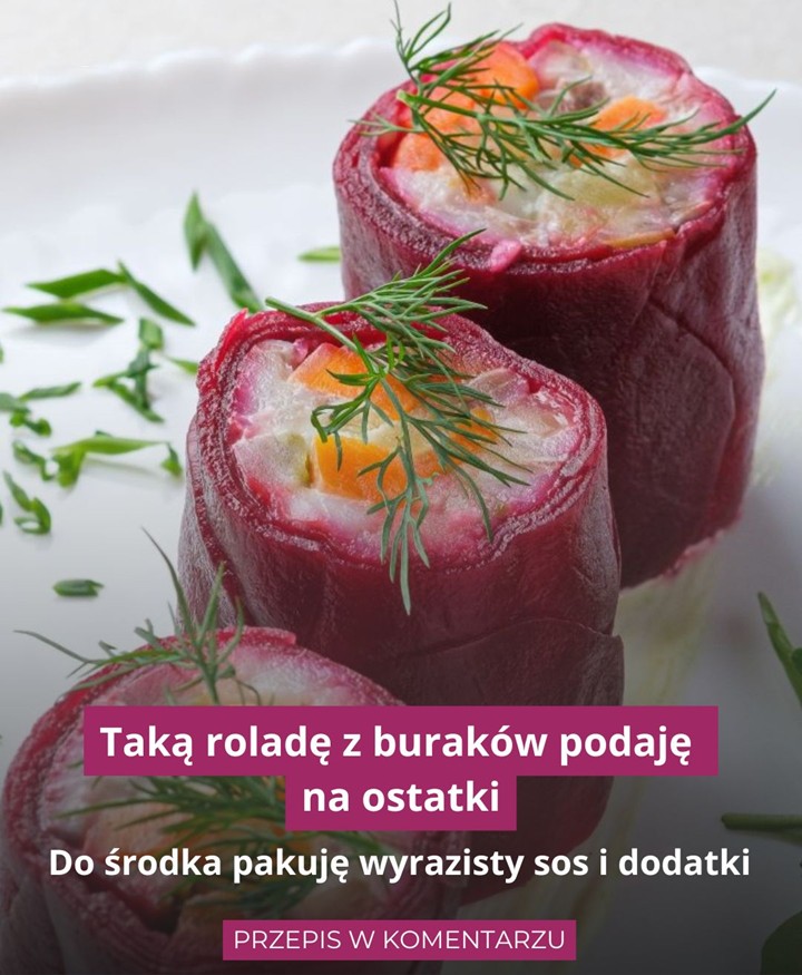 Zwijam roladę z buraków jak sushi i podaję na ostatki. Do środka pakuję wyrazisty sos i dodatki